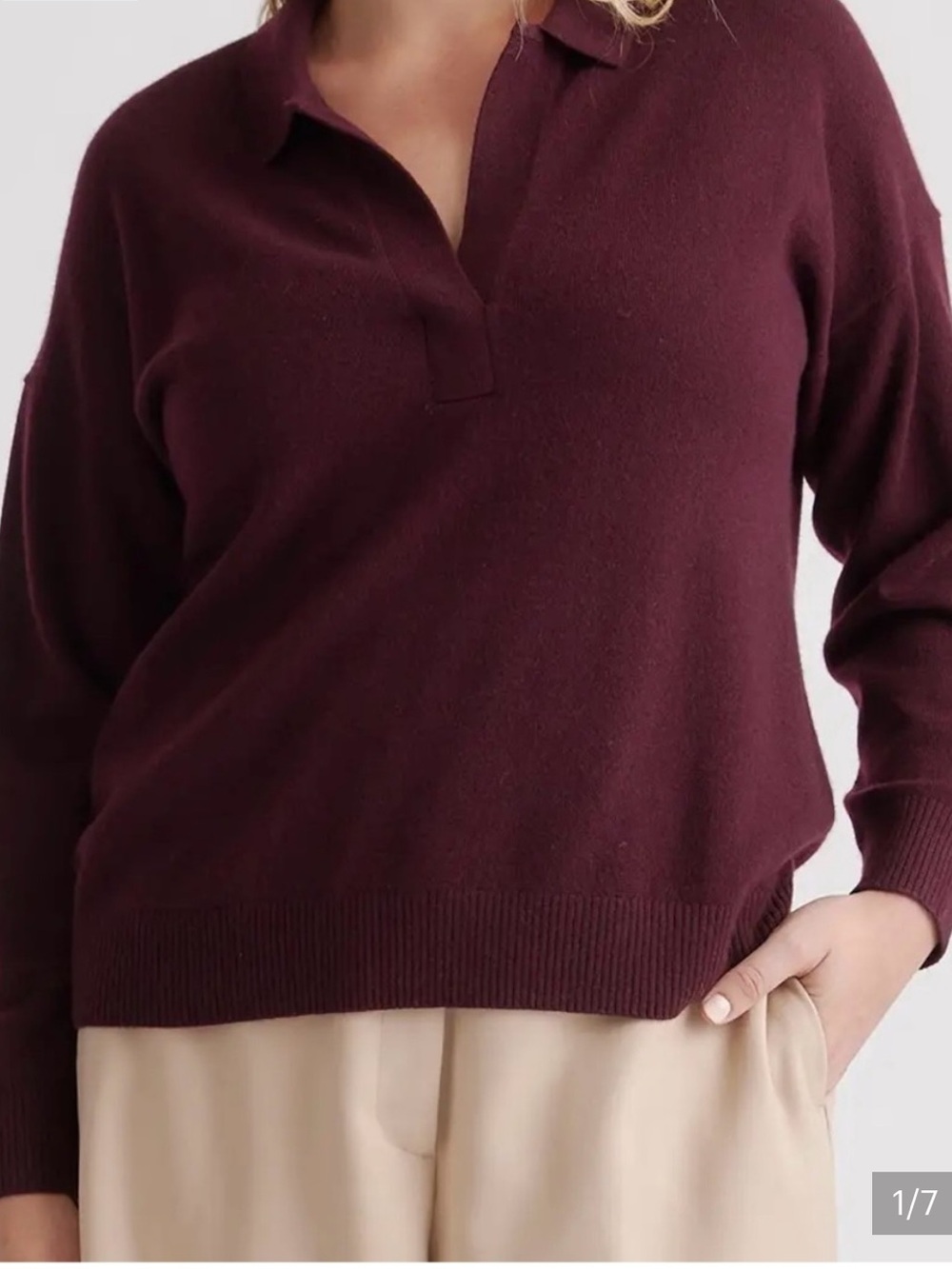 Quince Mongolian Cashmere V-Neck Collared Sweater in Deep Burgundy